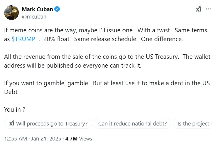 لورس :پیشنهاد جدید مارک کوبان: با یک میم کوین میتوانیم بدهی آمریکا را پرداخت کنیم!