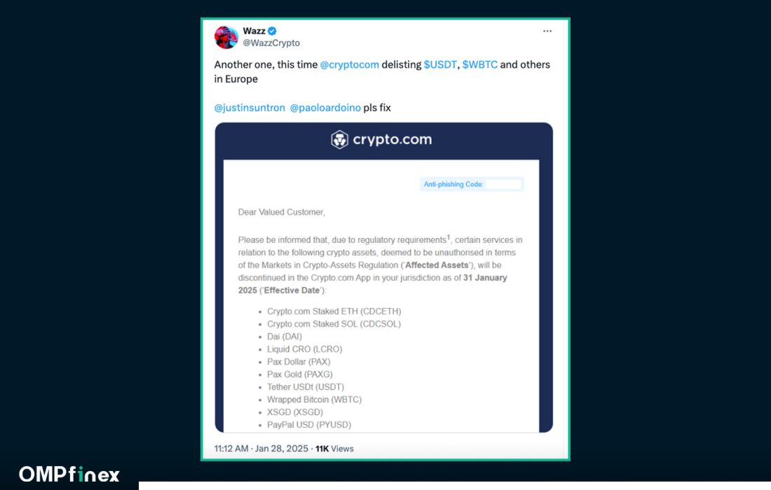 لورس :حذف تتر (USDT) در اروپا توسط صرافی Crypto.com به همراه ۹ توکن دیگر