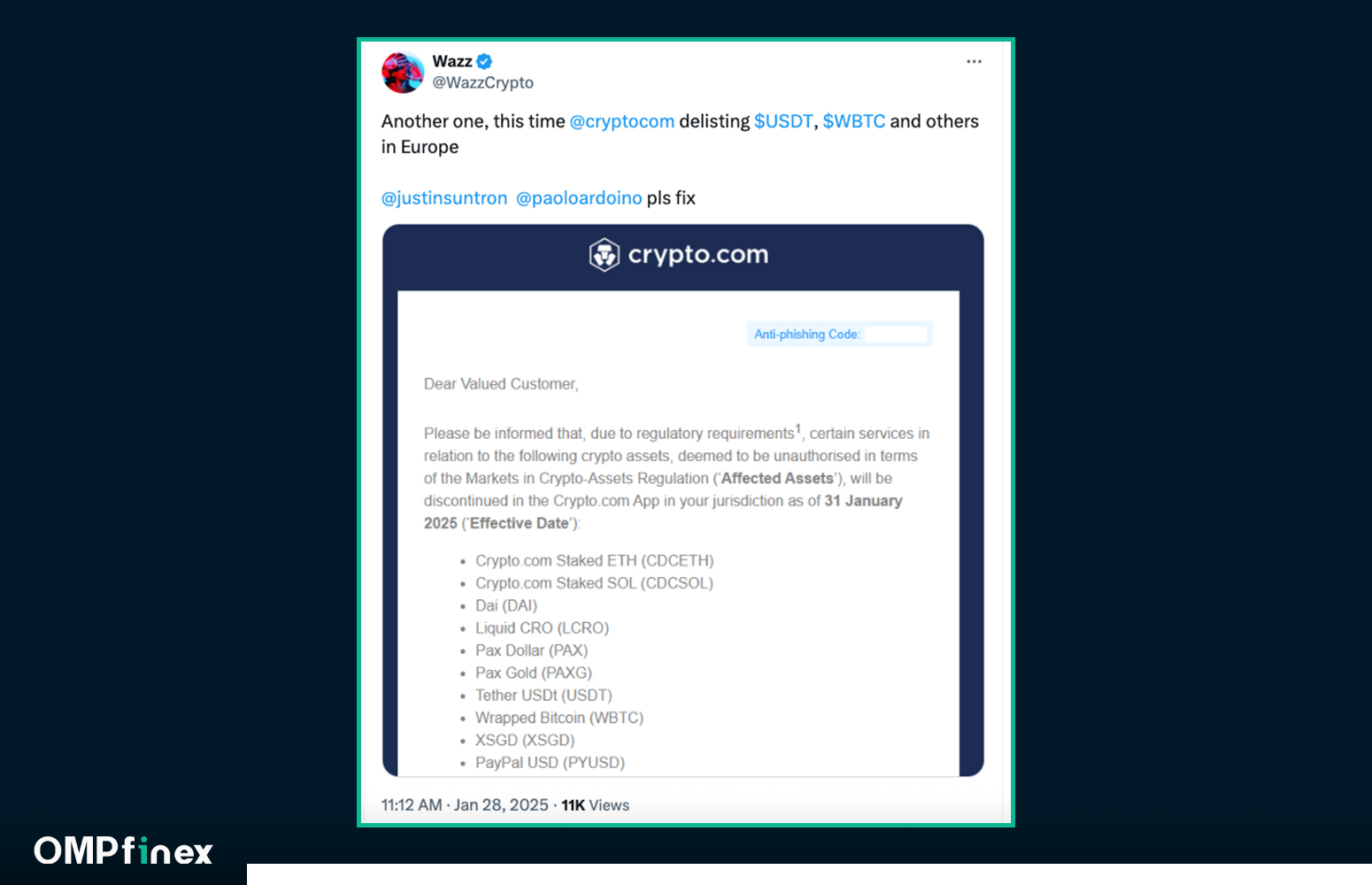 حذف تتر (USDT) در اروپا توسط صرافی Crypto.com به همراه ۹ توکن دیگر