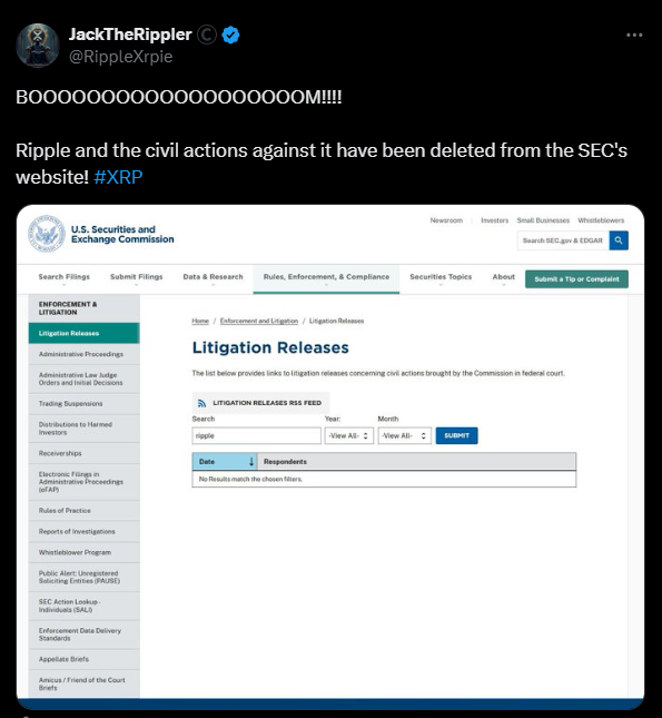 لورس :خبر مهم درباره ریپل: حذف پرونده Ripple از وبسایت SEC