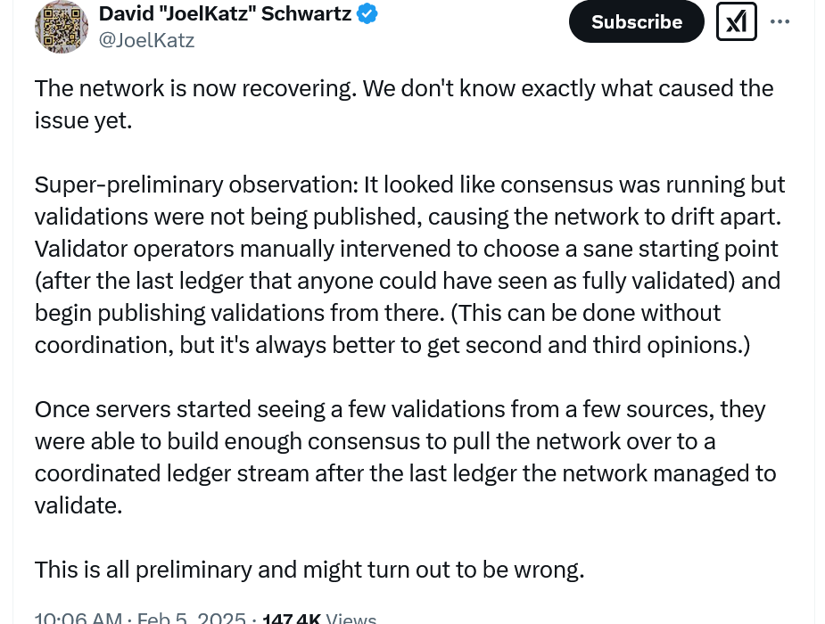 لورس :شبکه ریپل پس از ۱ ساعت قطعی به حالت عادی بازگشت.