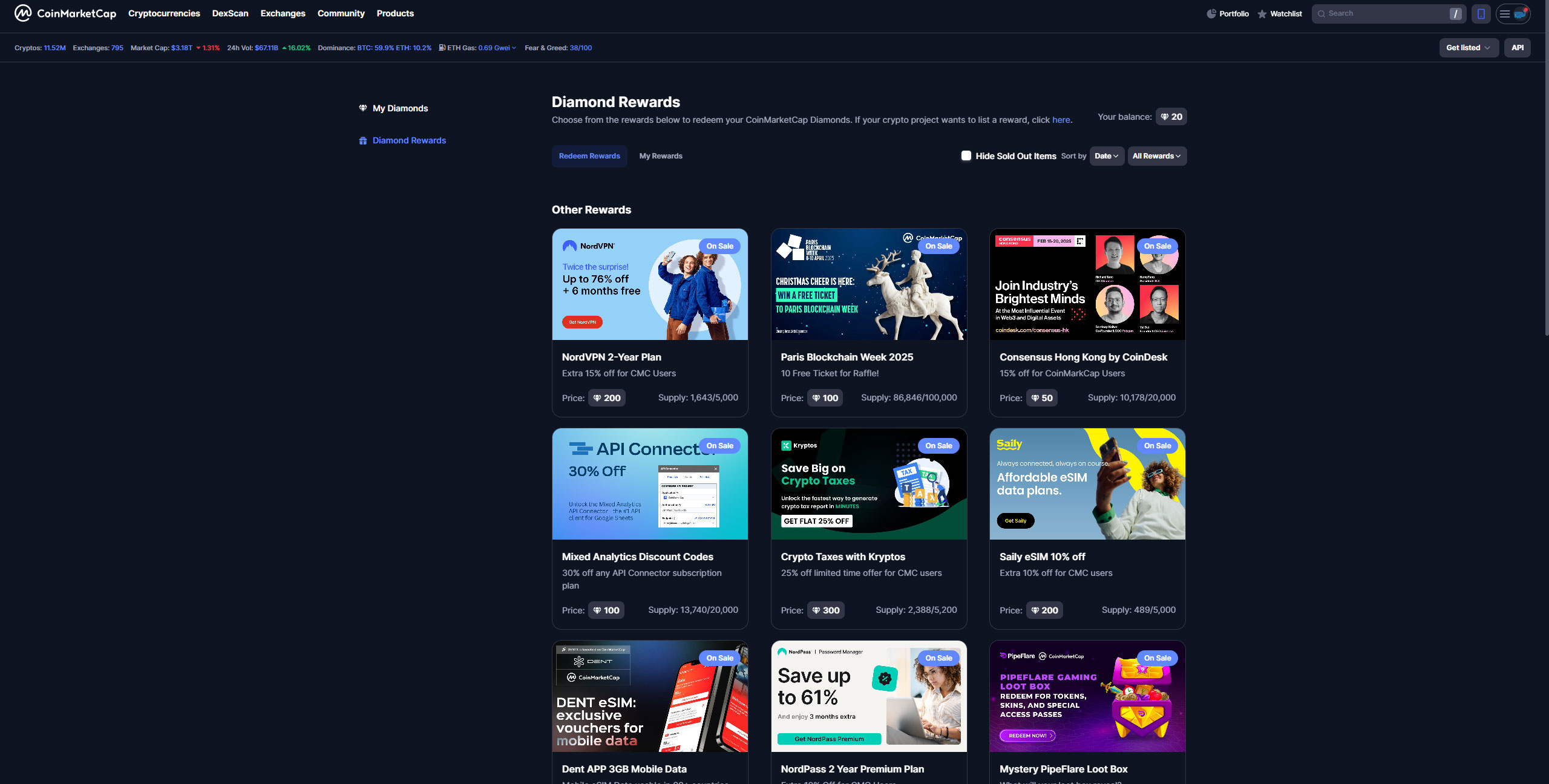 بخش Diamonds سایت کوین مارکت کپ