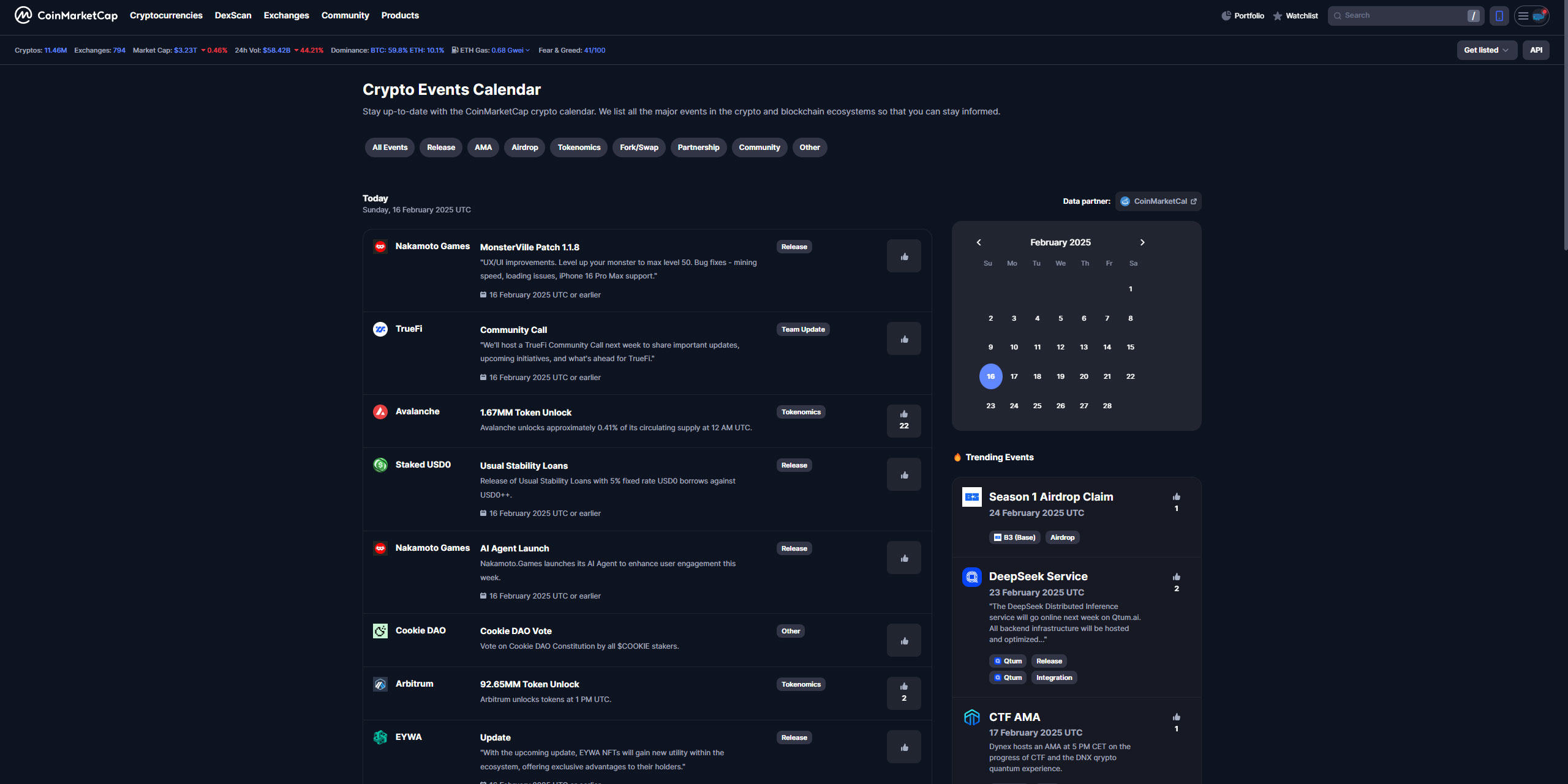 بخش Event Calender سایت کوین مارکت کپ
