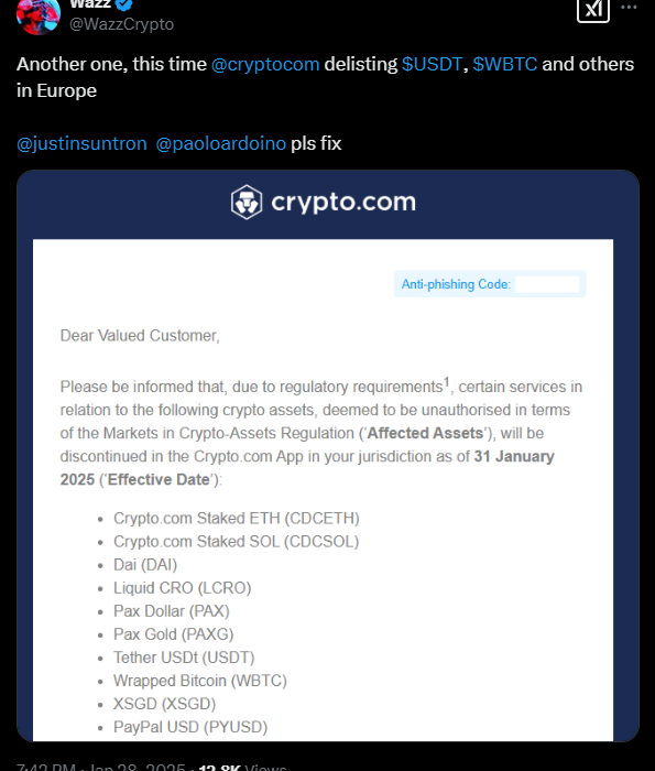 لورس :فوری: صرافی Crypto.com تتر (USDT) و ۹ ارز دیجیتال دیگر را در اروپا حذف می‌کند!