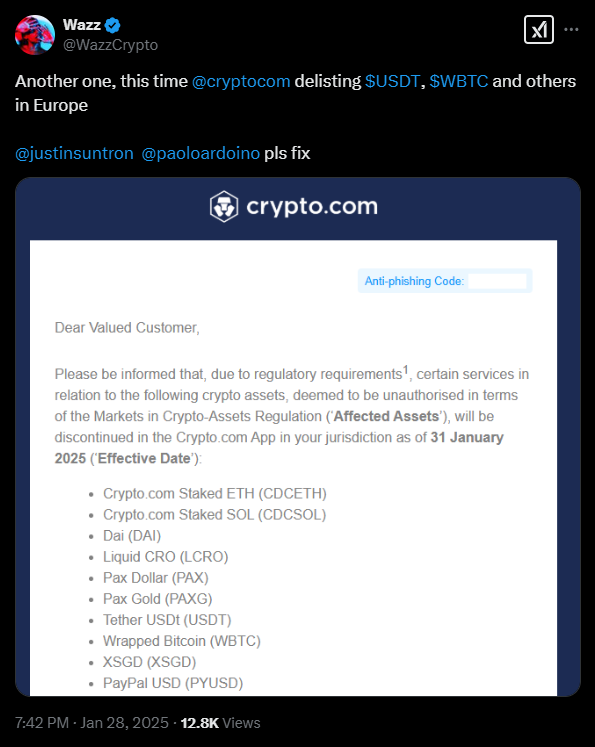 فوری: صرافی Crypto.com تتر (USDT) و ۹ ارز دیجیتال دیگر را در اروپا حذف می‌کند!
