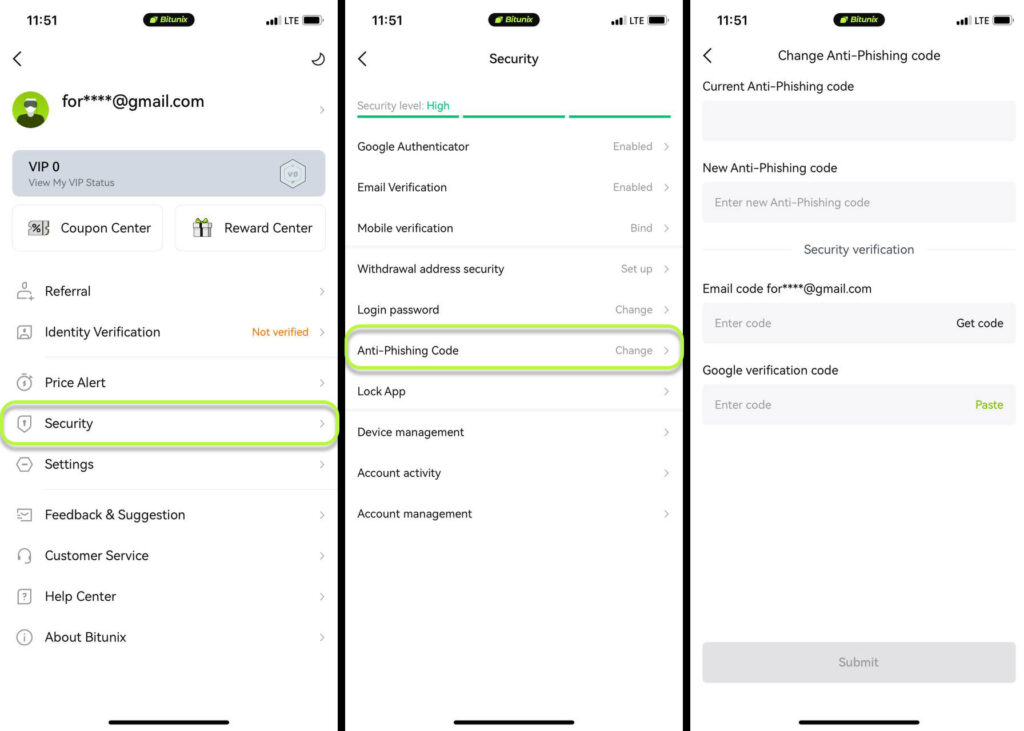 فعالسازی آنتی فیشینگ کد Bitunix در موبایل