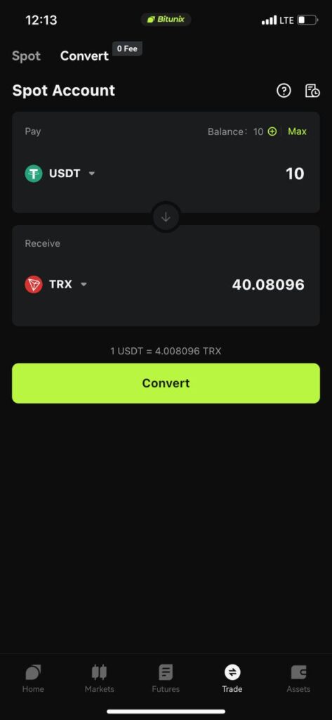 سواپ در اپلیکیشن Bitunix