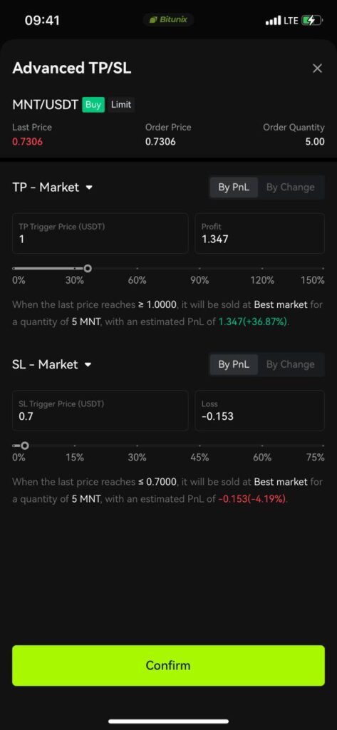 TP/SL اپلیکیشن بیت یونیکس