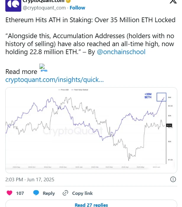 لورس :رکوردشکنی استیکینگ اتریوم: قفل ۳۵ میلیون ETH
