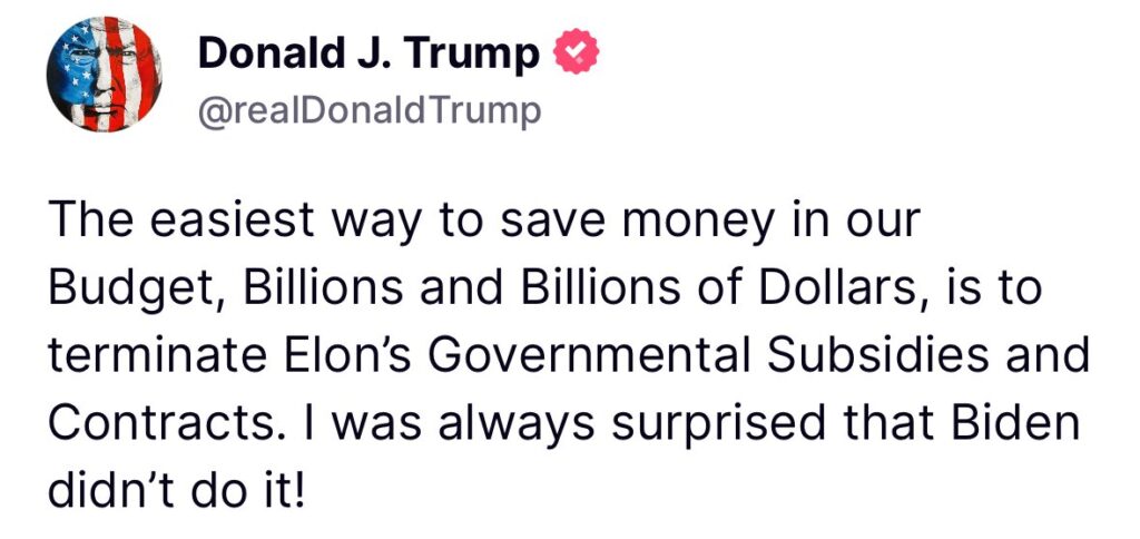 توییت ترامپ در رابطه با هزینه‌های مربوط ایلان ماسک