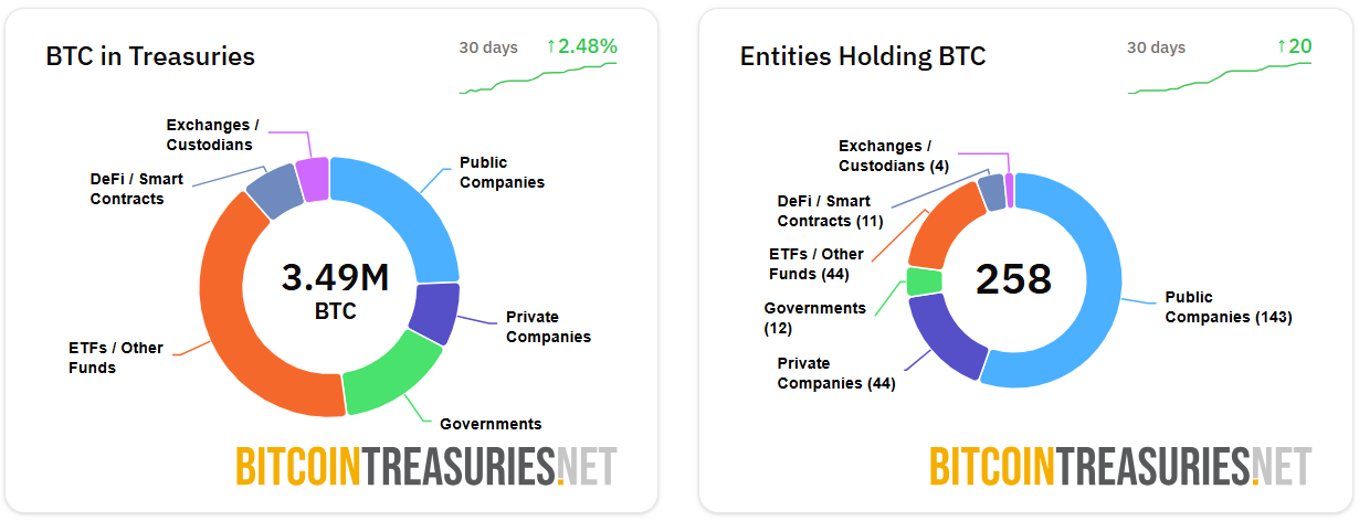 شرکت‌های دولتی و خصوصی خرید بیت‌کوین را افزایش داده‌اند. منبع: BitcoinTreasuries.NET