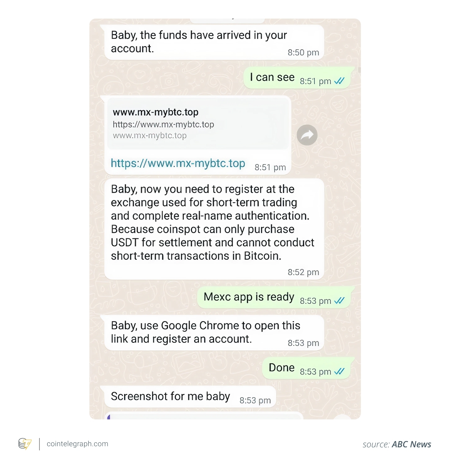 مثال واقعی از پیام‌های واتس‌اپ بین قربانی و کلاهبردار رمزارزی