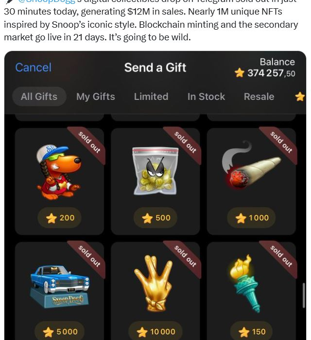 لورس :سود ۱۲ میلیون دلاری اسنوپ داگ به خاطر عرضه NFT در تلگرام!